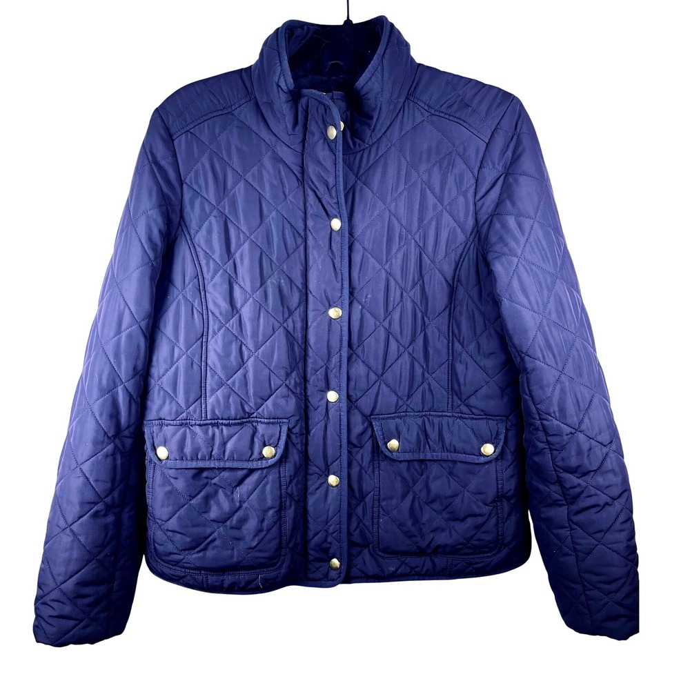 J. Crew Quilted‎ Barn Jacket Navy Blue Brass Snap Button Collar Size L